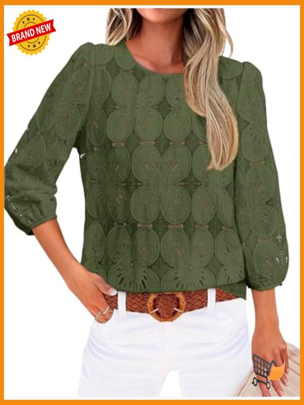 Lace Eyelet Blouse 3/4 Sleeve Peasant Top Lightweight Nylon Blend - Picture 2 of 7